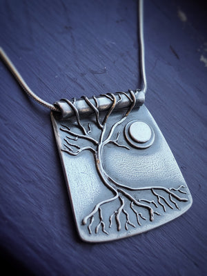 Silver Moon Tree Necklace tree with roots and branches with moon pendants with meaning handmade in vermont
