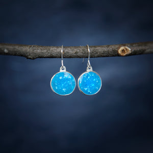 Dawn Sky Circle Earrings Silver with turquoise inlay on blue background. VT jewelry handmade Empowering jewelry 